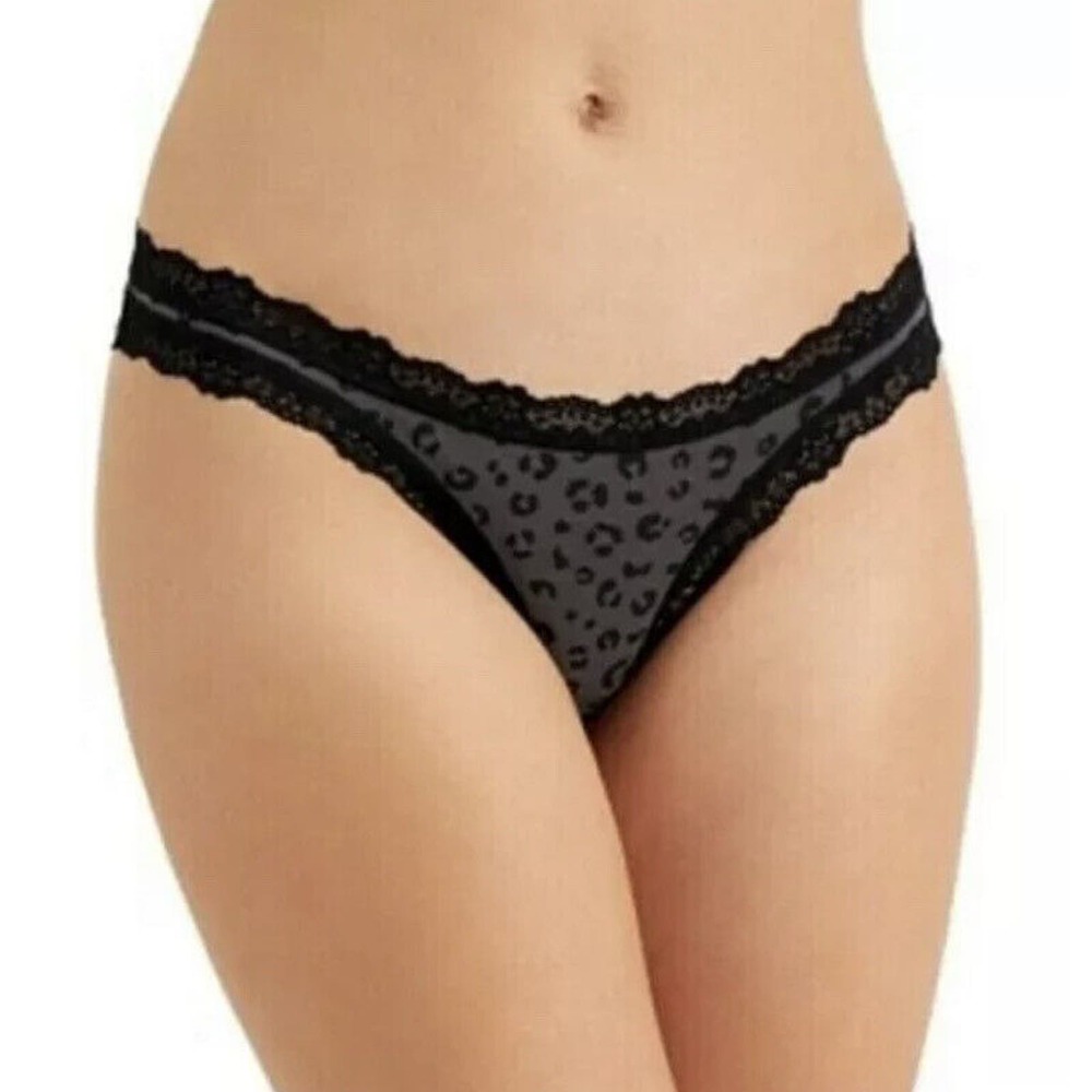 New Jenni Womans Sz Small Lace Trim Thong Animal Print Leo Tonal Grey Black NWT